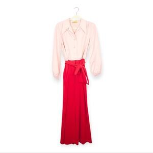Vintage Sears At Home Wear Pink & Red Colorblock Belted Maxi Dress
